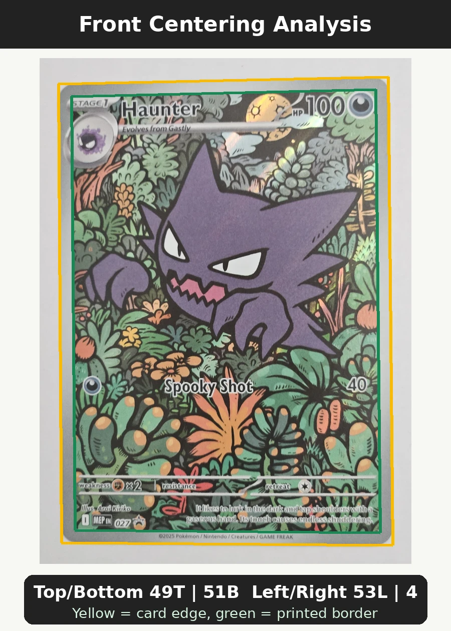 Haunter 027 MEP Black Star Promos front centering analysis showing Top/Bottom 49T | 51B and Left/Right 53L | 47R.