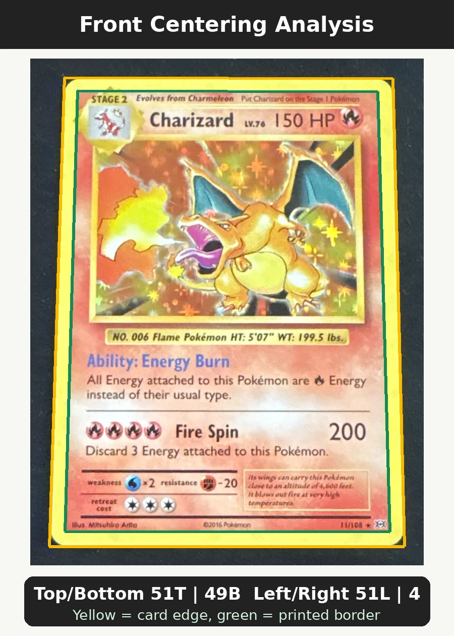 Charizard 011/108 Evolutions front centering analysis showing Top/Bottom 51T | 49B and Left/Right 51L | 49R.