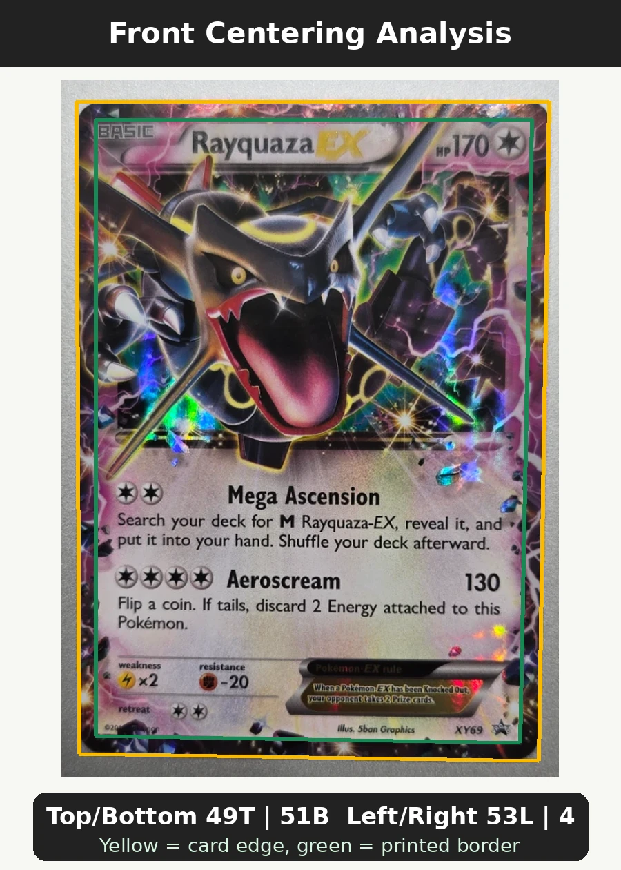 Rayquaza EX XY69/211 XY Black Star Promos front centering analysis showing Top/Bottom 49T | 51B and Left/Right 53L | 47R.