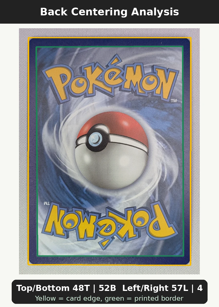 Charizard 4A/25 (Holo) Celebrations back centering analysis showing Top/Bottom 48T | 52B and Left/Right 57L | 43R.