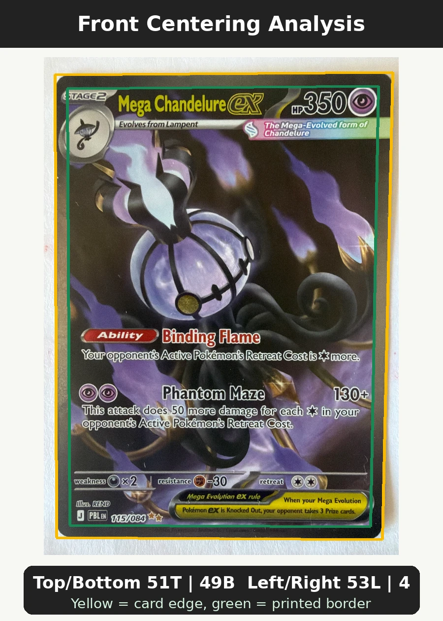 Mega Chandelure ex 115/84 Pitch Black front centering analysis showing Top/Bottom 51T | 49B and Left/Right 53L | 47R.