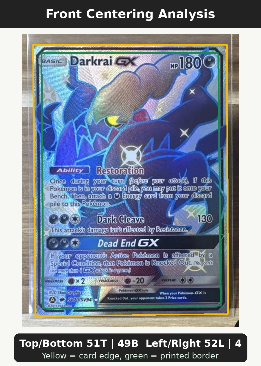 Darkrai-GX SV70/94 Hidden Fates Shiny Vault front centering analysis showing Top/Bottom 51T | 49B and Left/Right 52L | 48R.