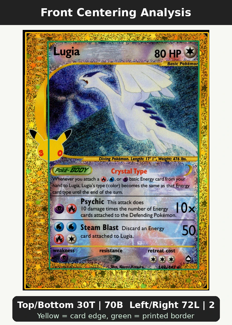 Lugia 149 30th Classic Collection front centering analysis showing Top/Bottom 30T | 70B and Left/Right 72L | 28R.