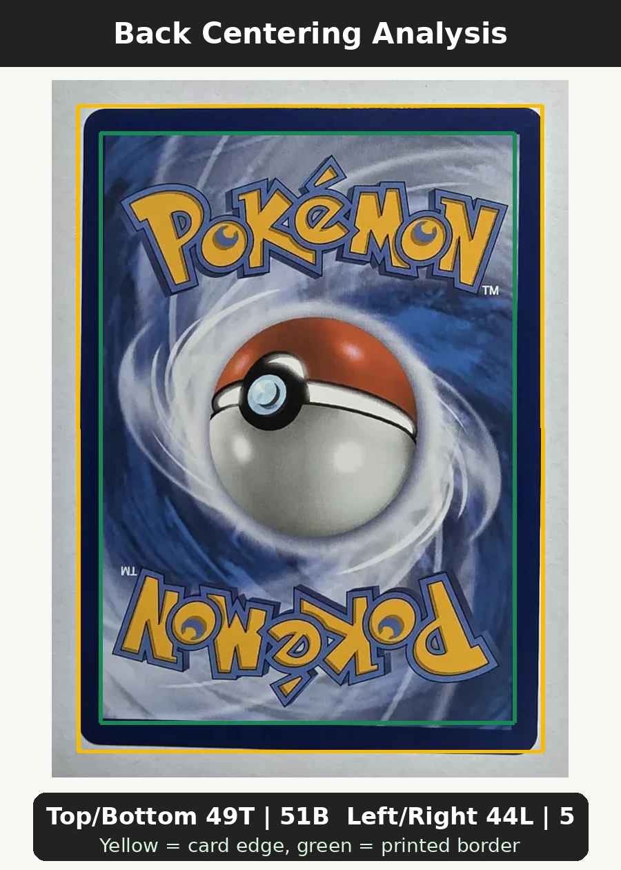 Meowth 106/94 Phantasmal Flames back centering analysis showing Top/Bottom 49T | 51B and Left/Right 44L | 56R.