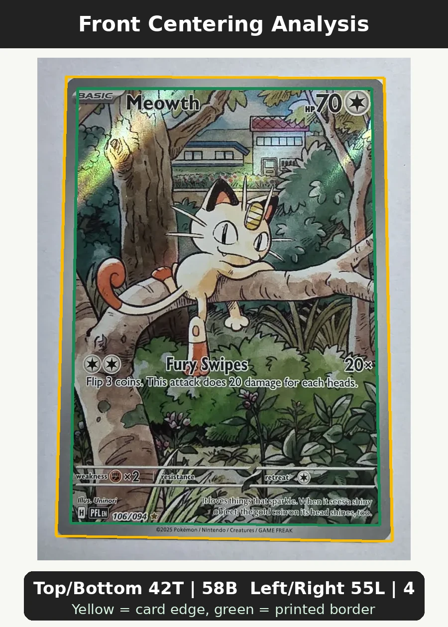 Meowth 106/94 Phantasmal Flames front centering analysis showing Top/Bottom 42T | 58B and Left/Right 55L | 45R.