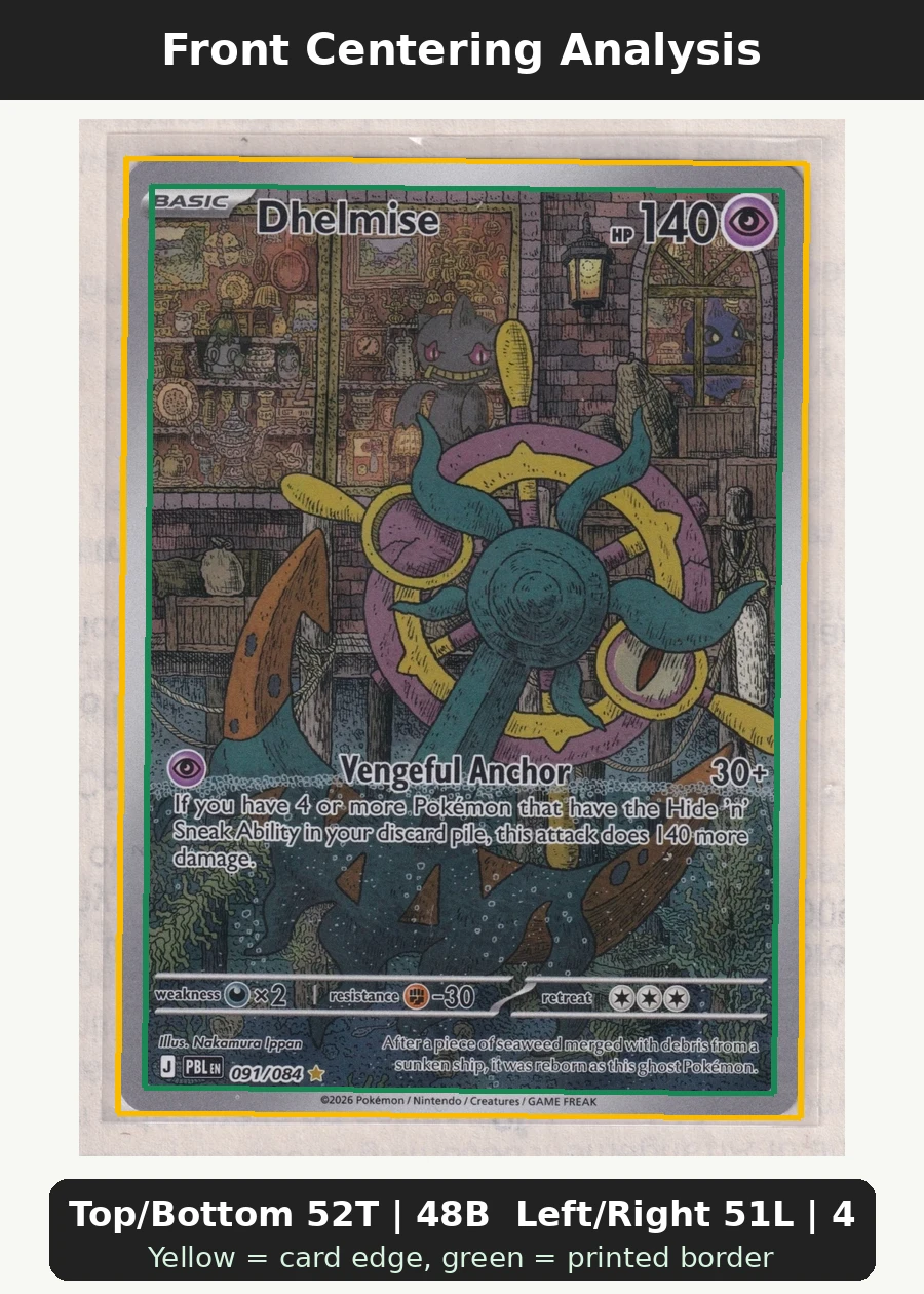 Dhelmise 091/84 Pitch Black front centering analysis showing Top/Bottom 52T | 48B and Left/Right 51L | 49R.