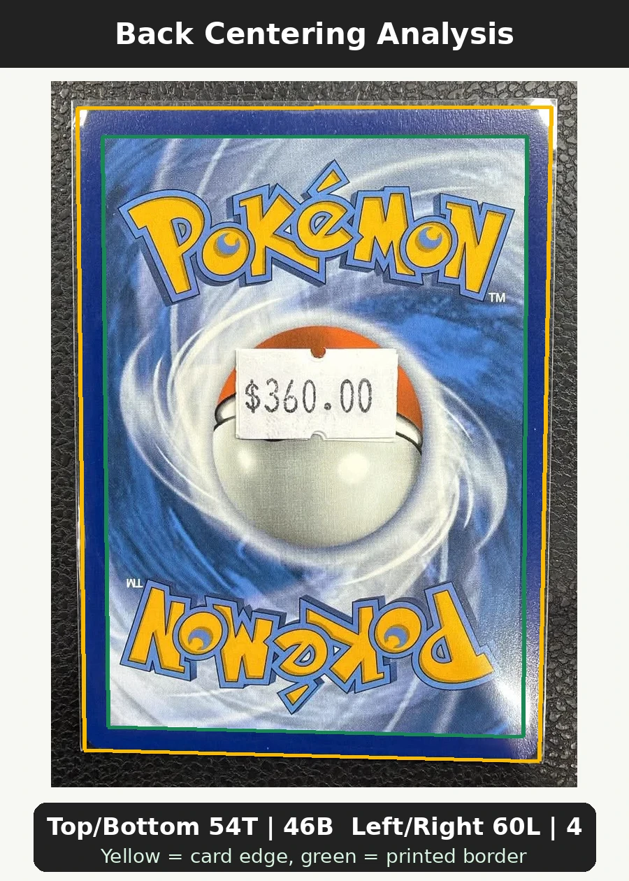 Charizard ex 234/91 Paldean Fates back centering analysis showing Top/Bottom 54T | 46B and Left/Right 60L | 40R.