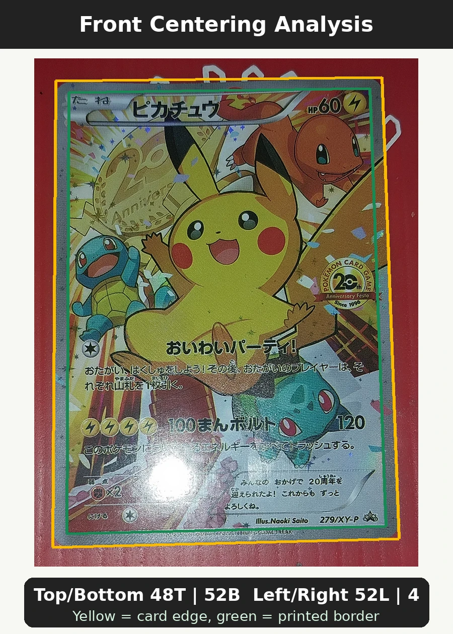 Pikachu 279 XY Promos front centering analysis showing Top/Bottom 48T | 52B and Left/Right 52L | 48R.