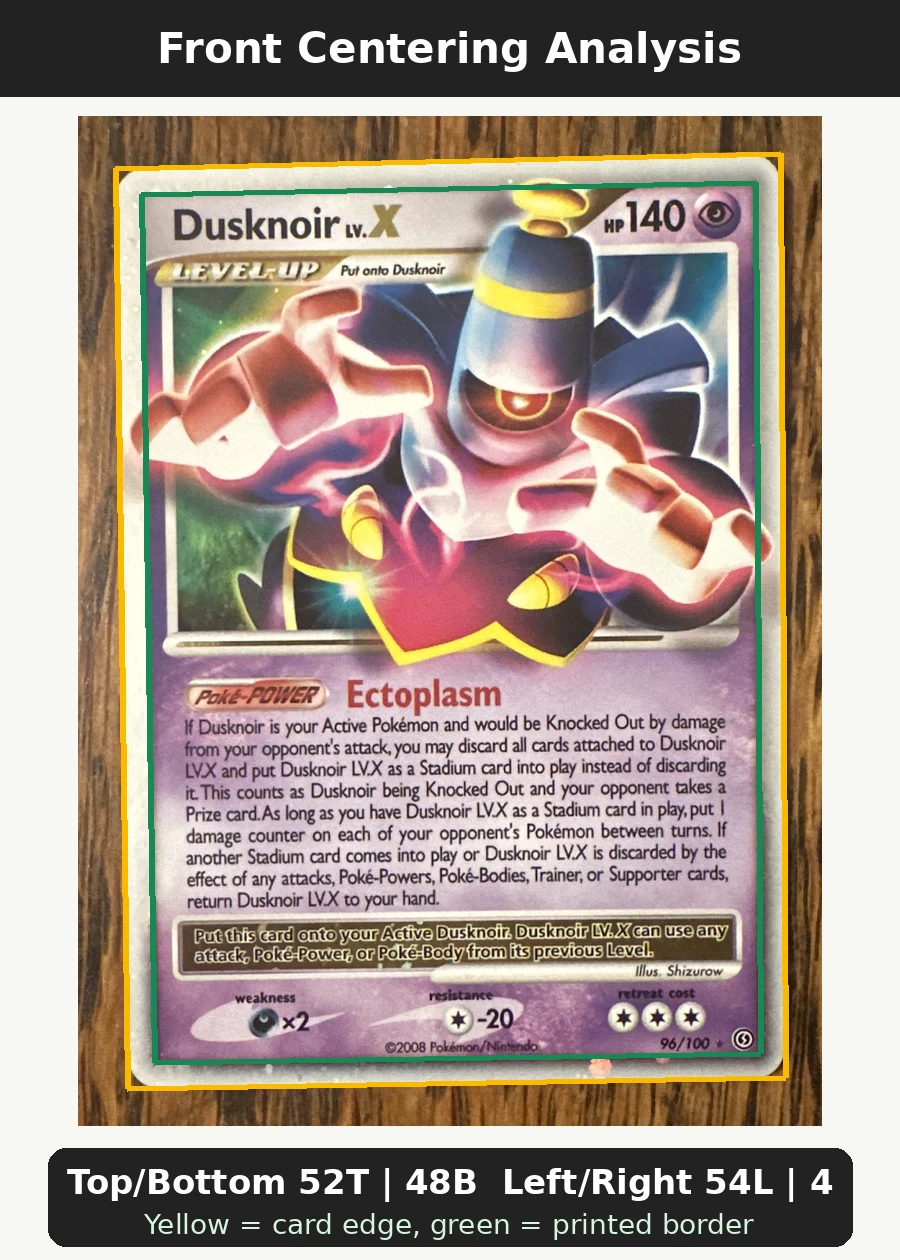Dusknoir 096/100 Stormfront front centering analysis showing Top/Bottom 52T | 48B and Left/Right 54L | 46R.