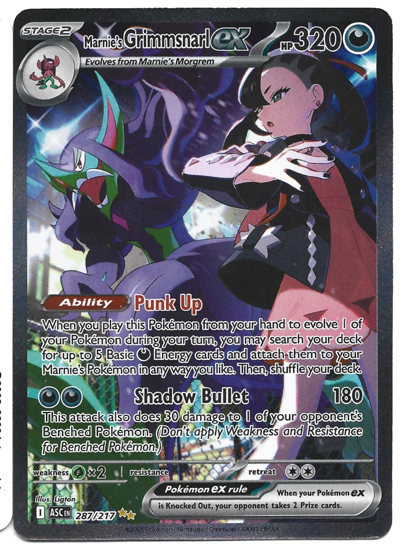 Marnie's Grimmsnarl ex 287/217 Ascended Heroes front card photo in GradeValue pregrading report