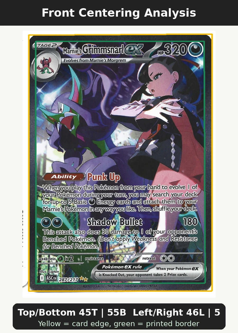 Marnie's Grimmsnarl ex 287/217 Ascended Heroes front centering analysis showing Top/Bottom 45T | 55B and Left/Right 46L | 54R.