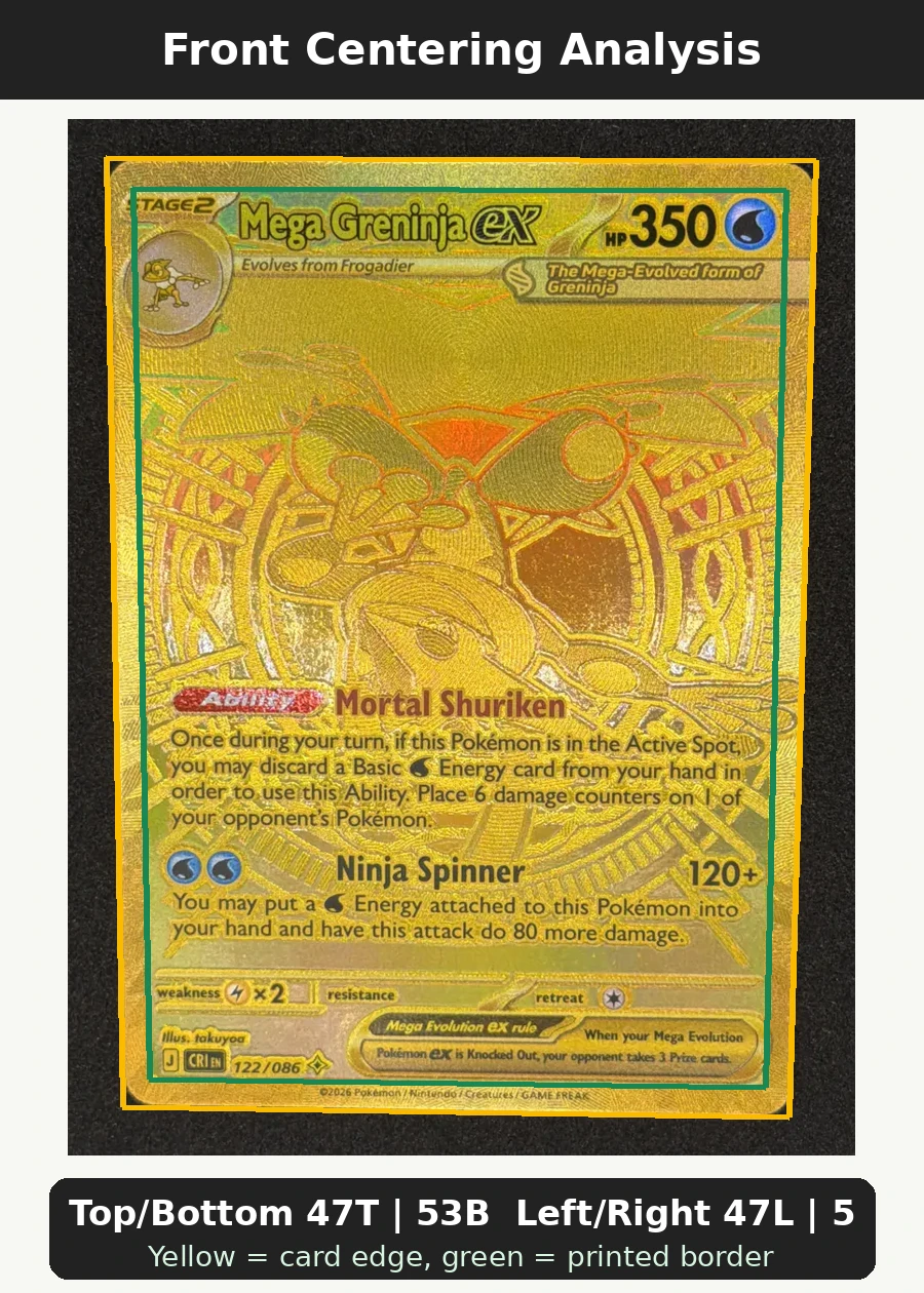 Mega Greninja ex 122/86 Chaos Rising front centering analysis showing Top/Bottom 47T | 53B and Left/Right 47L | 53R.
