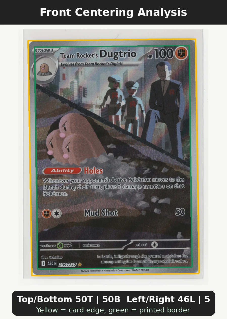 Team Rocket's Dugtrio 239/217 Ascended Heroes front centering analysis showing Top/Bottom 50T | 50B and Left/Right 46L | 54R.