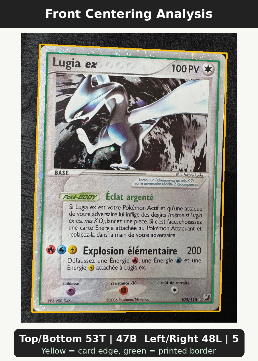 Lugia ex 105/115 Unseen Forces front centering analysis showing Top/Bottom 53T | 47B and Left/Right 48L | 52R.