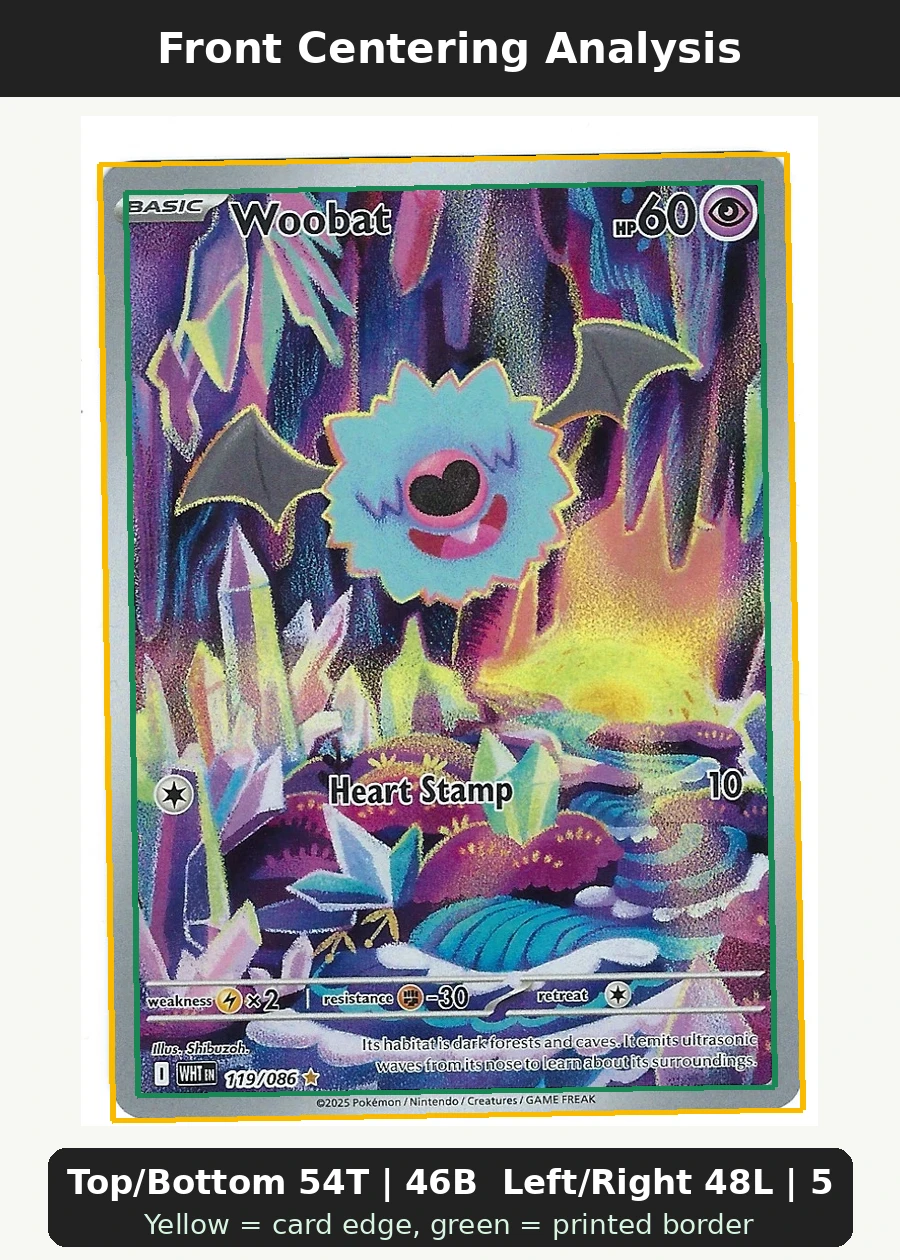 Woobat 119/86 White Flare front centering analysis showing Top/Bottom 54T | 46B and Left/Right 48L | 52R.