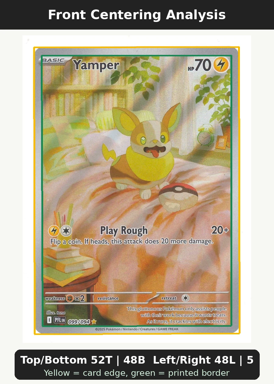 Yamper 099/94 Phantasmal Flames front centering analysis showing Top/Bottom 52T | 48B and Left/Right 48L | 52R.