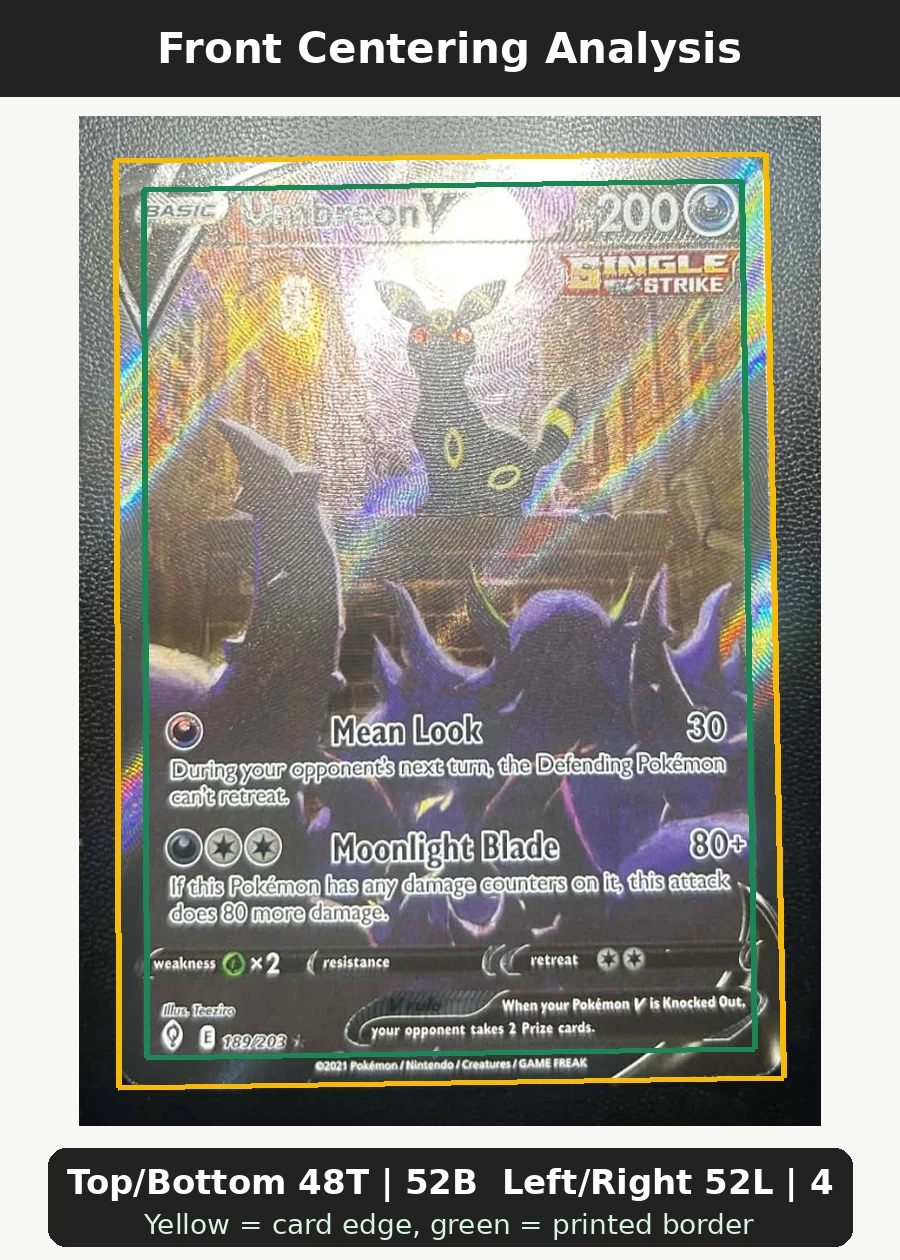 Umbreon V 189/203 Evolving Skies front centering analysis showing Top/Bottom 48T | 52B and Left/Right 52L | 48R.