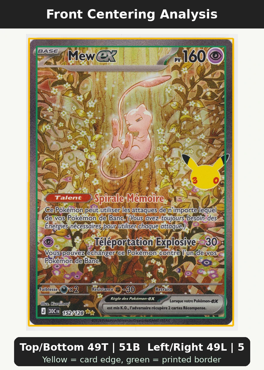Mew ex 152/128 30th Celebration front centering analysis showing Top/Bottom 49T | 51B and Left/Right 49L | 51R.