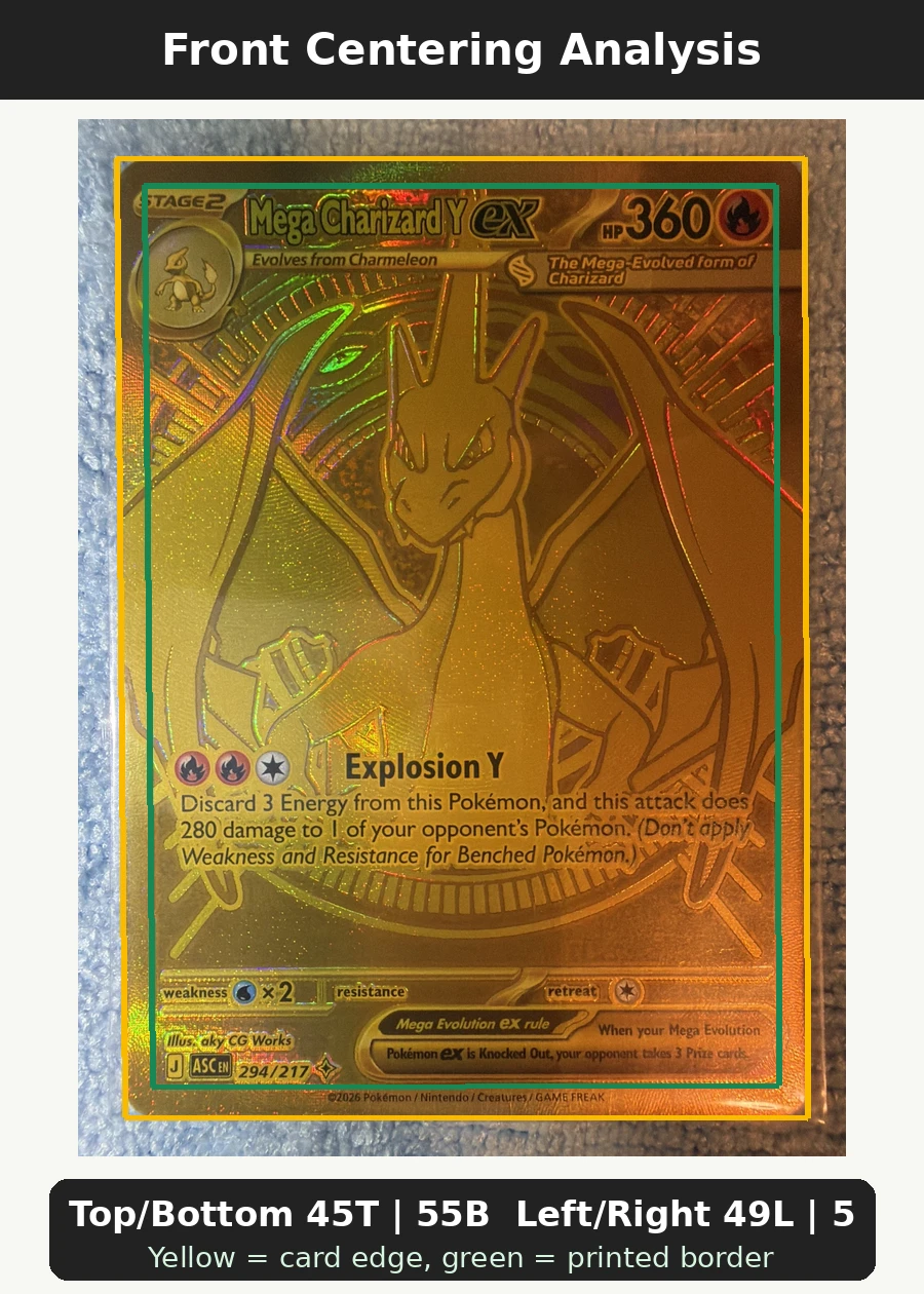 Mega Charizard Y ex 294/217 Ascended Heroes front centering analysis showing Top/Bottom 45T | 55B and Left/Right 49L | 51R.