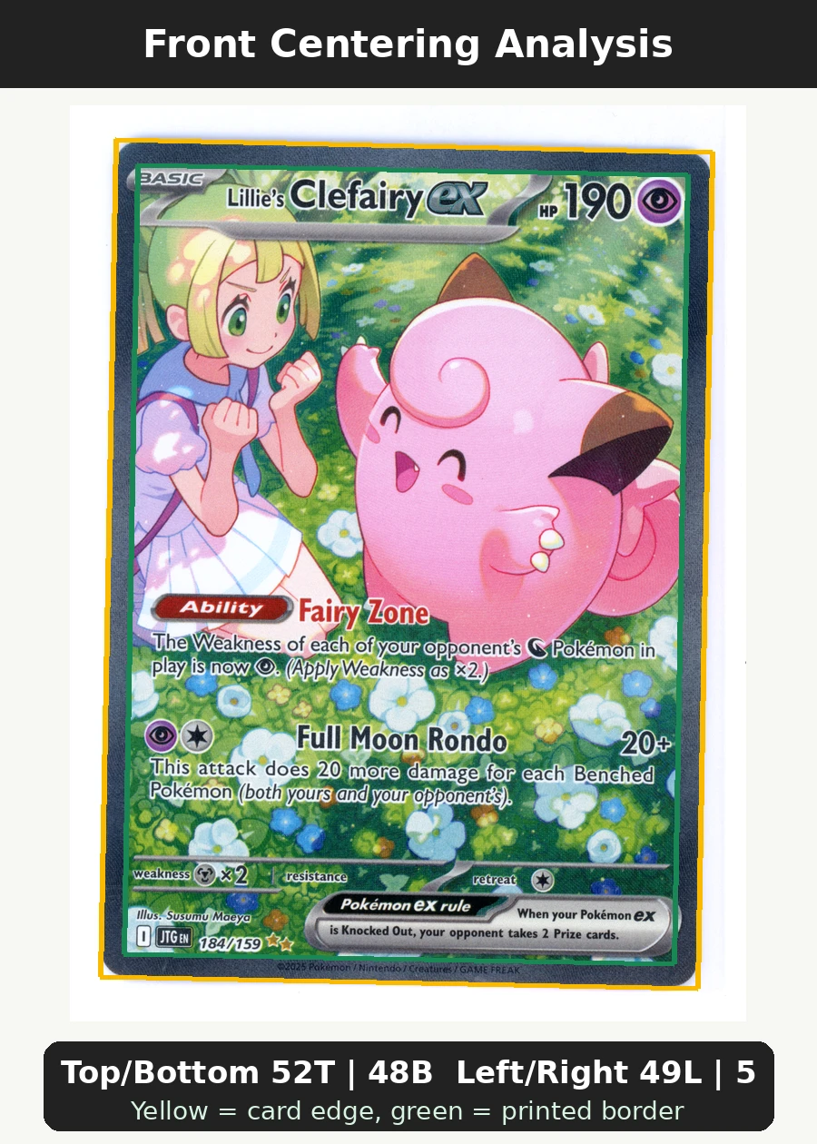 Lillie's Clefairy ex 184/159 Journey Together front centering analysis showing Top/Bottom 52T | 48B and Left/Right 49L | 51R.
