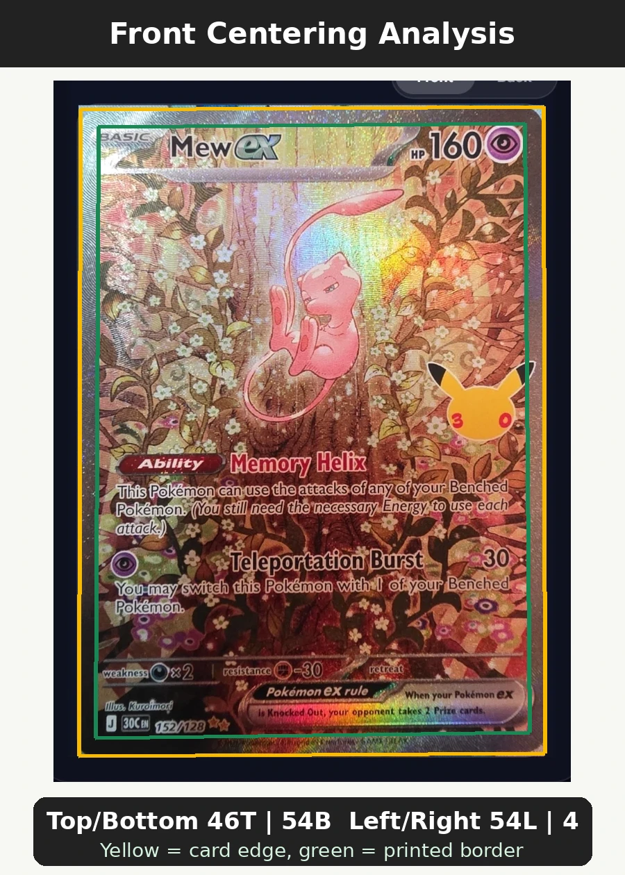 Mew ex 152/128 30th Celebration front centering analysis showing Top/Bottom 46T | 54B and Left/Right 54L | 46R.