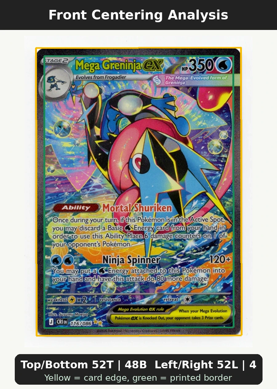 Mega Greninja ex 116/86 Chaos Rising front centering analysis showing Top/Bottom 52T | 48B and Left/Right 52L | 48R.