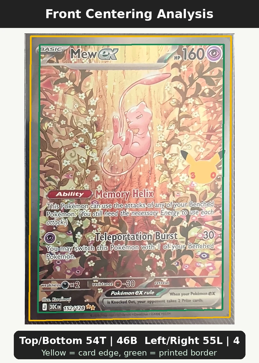 Mew ex 152/128 30th Celebration front centering analysis showing Top/Bottom 54T | 46B and Left/Right 55L | 45R.