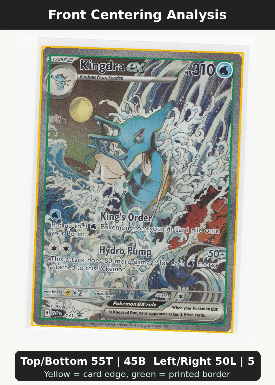 Kingdra ex 131/225 SVP Black Star Promos front centering analysis showing Top/Bottom 55T | 45B and Left/Right 50L | 50R.