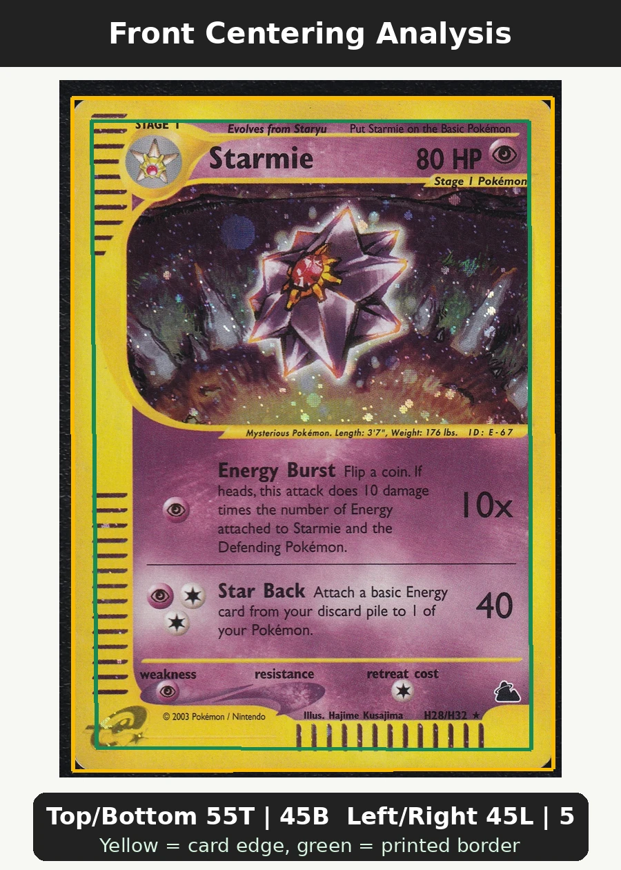 Starmie H28/144 Skyridge front centering analysis showing Top/Bottom 55T | 45B and Left/Right 45L | 55R.