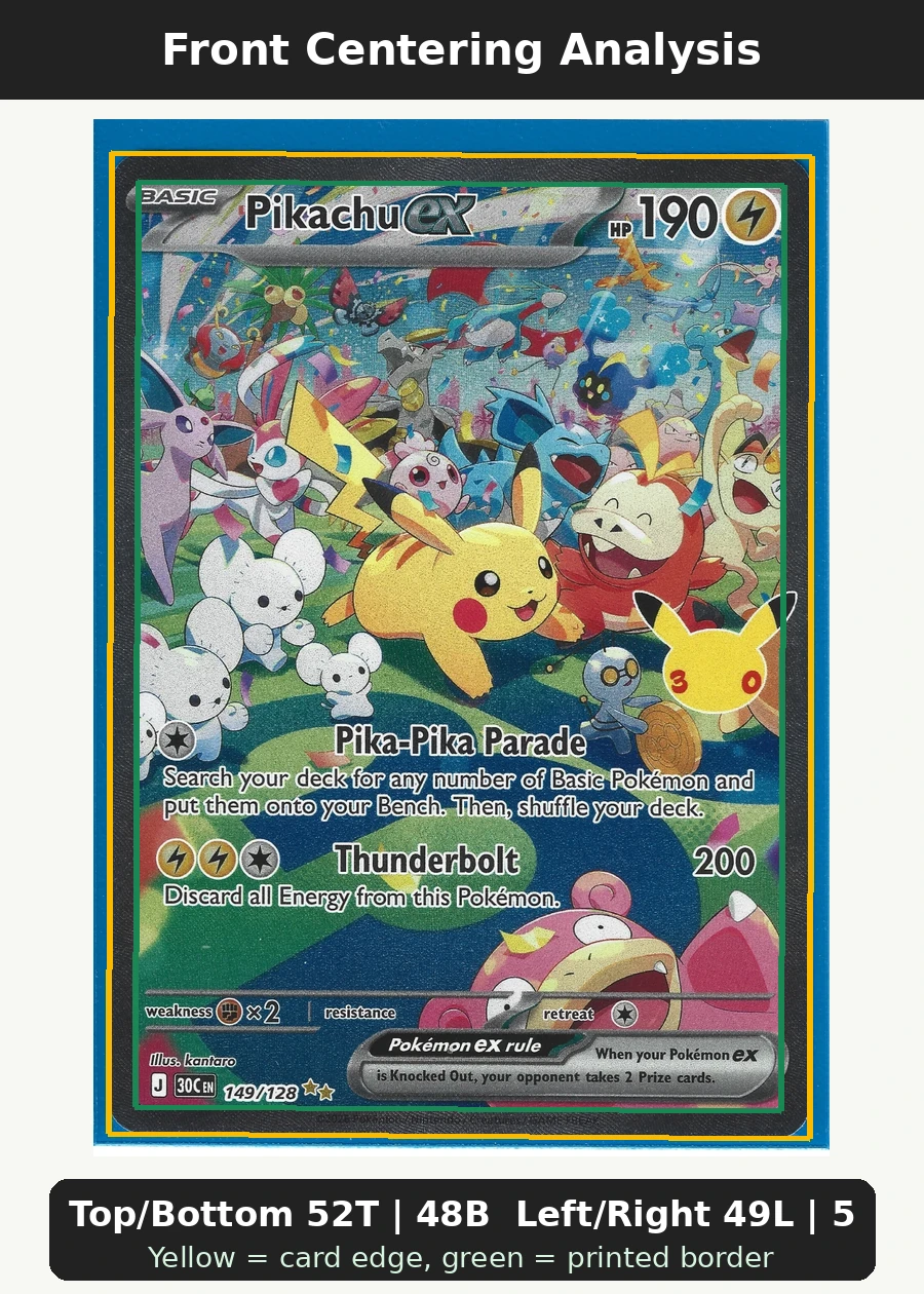 Pikachu ex 149/128 30th Celebration front centering analysis showing Top/Bottom 52T | 48B and Left/Right 49L | 51R.