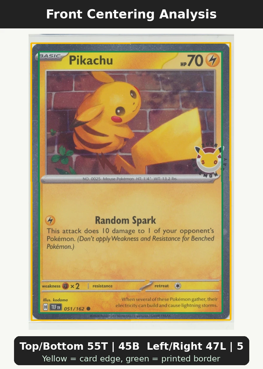 Pikachu 051/162 30th Celebration front centering analysis showing Top/Bottom 55T | 45B and Left/Right 47L | 53R.