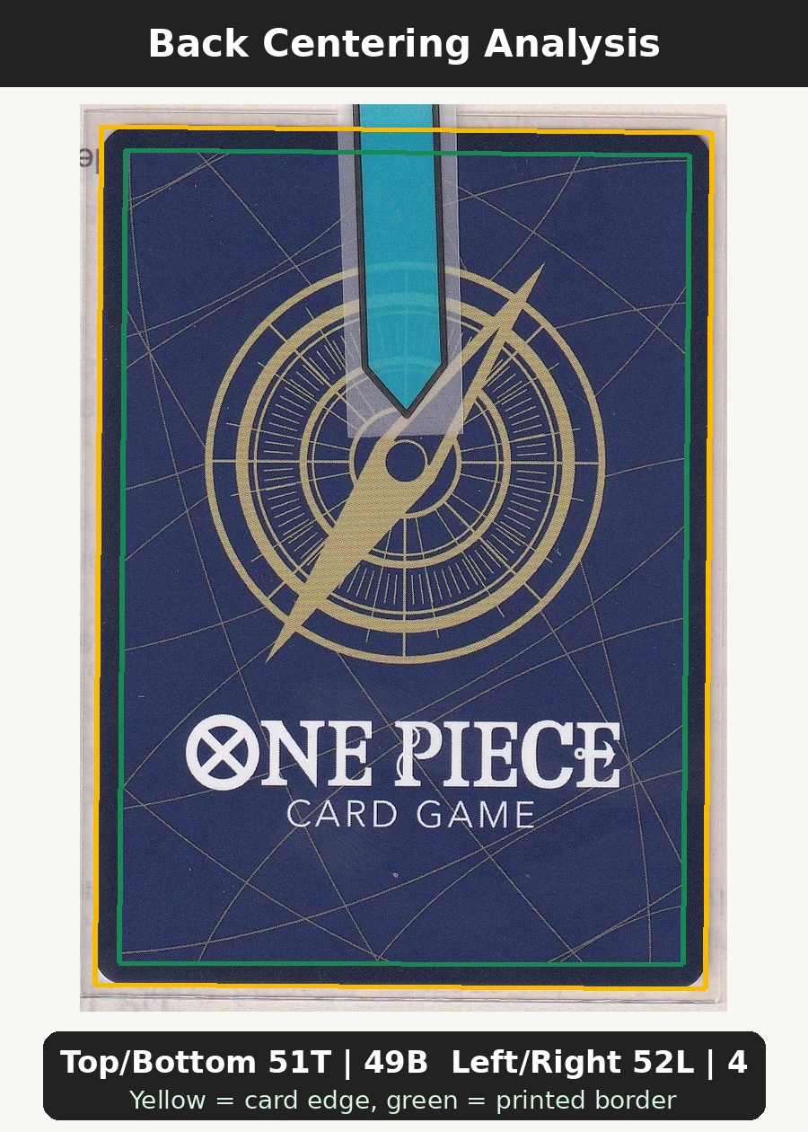 Monkey.D.Luffy (OP07-073) OP07-073 One Piece Promotion Cards back centering analysis showing Top/Bottom 51T | 49B and Left/Right 52L | 48R.