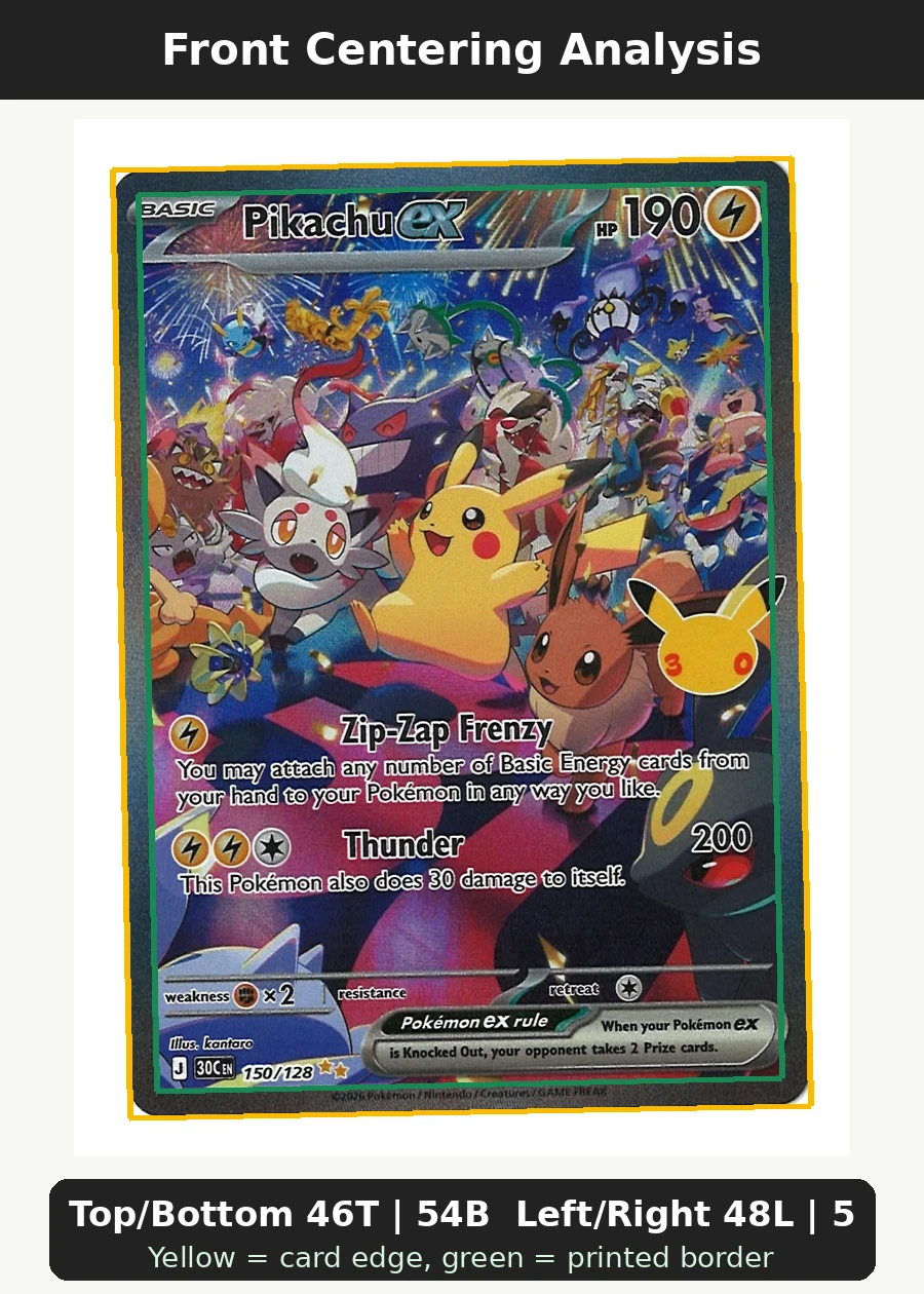 Pikachu ex 150/128 30th Celebration front centering analysis showing Top/Bottom 46T | 54B and Left/Right 48L | 52R.