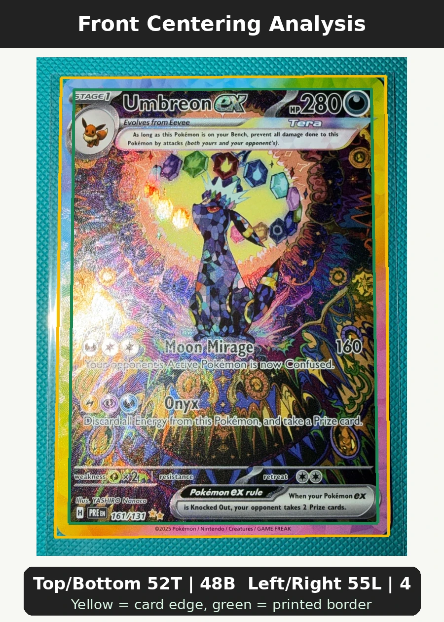 Umbreon ex 161/131 Prismatic Evolutions front centering analysis showing Top/Bottom 52T | 48B and Left/Right 55L | 45R.