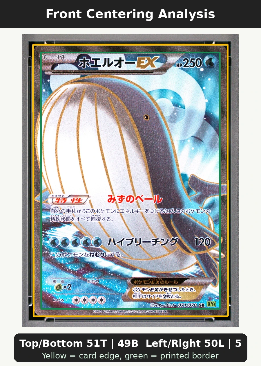 Wailord EX 071/70 Tidal Storm front centering analysis showing Top/Bottom 51T | 49B and Left/Right 50L | 50R.