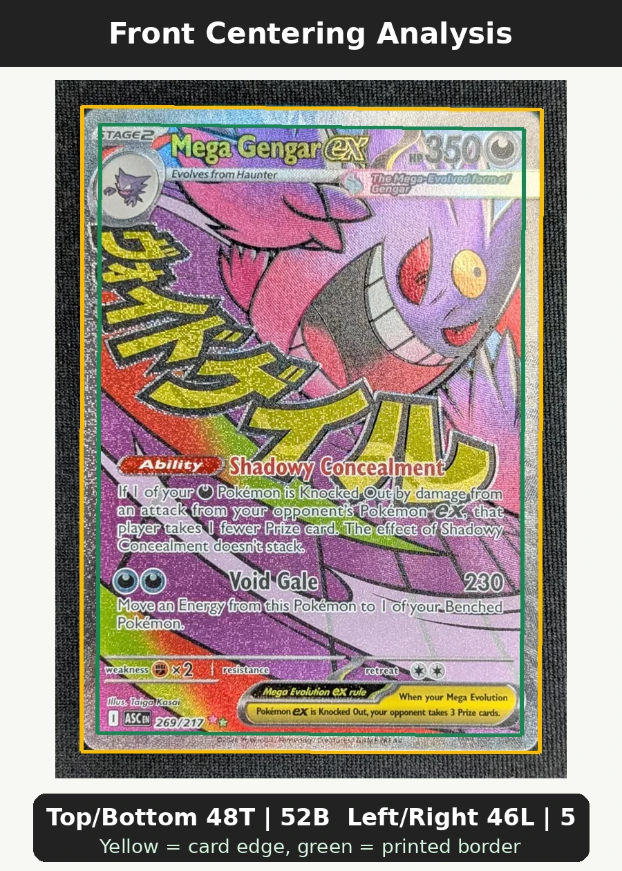 Mega Gengar ex 269/217 Ascended Heroes front centering analysis showing Top/Bottom 48T | 52B and Left/Right 46L | 54R.