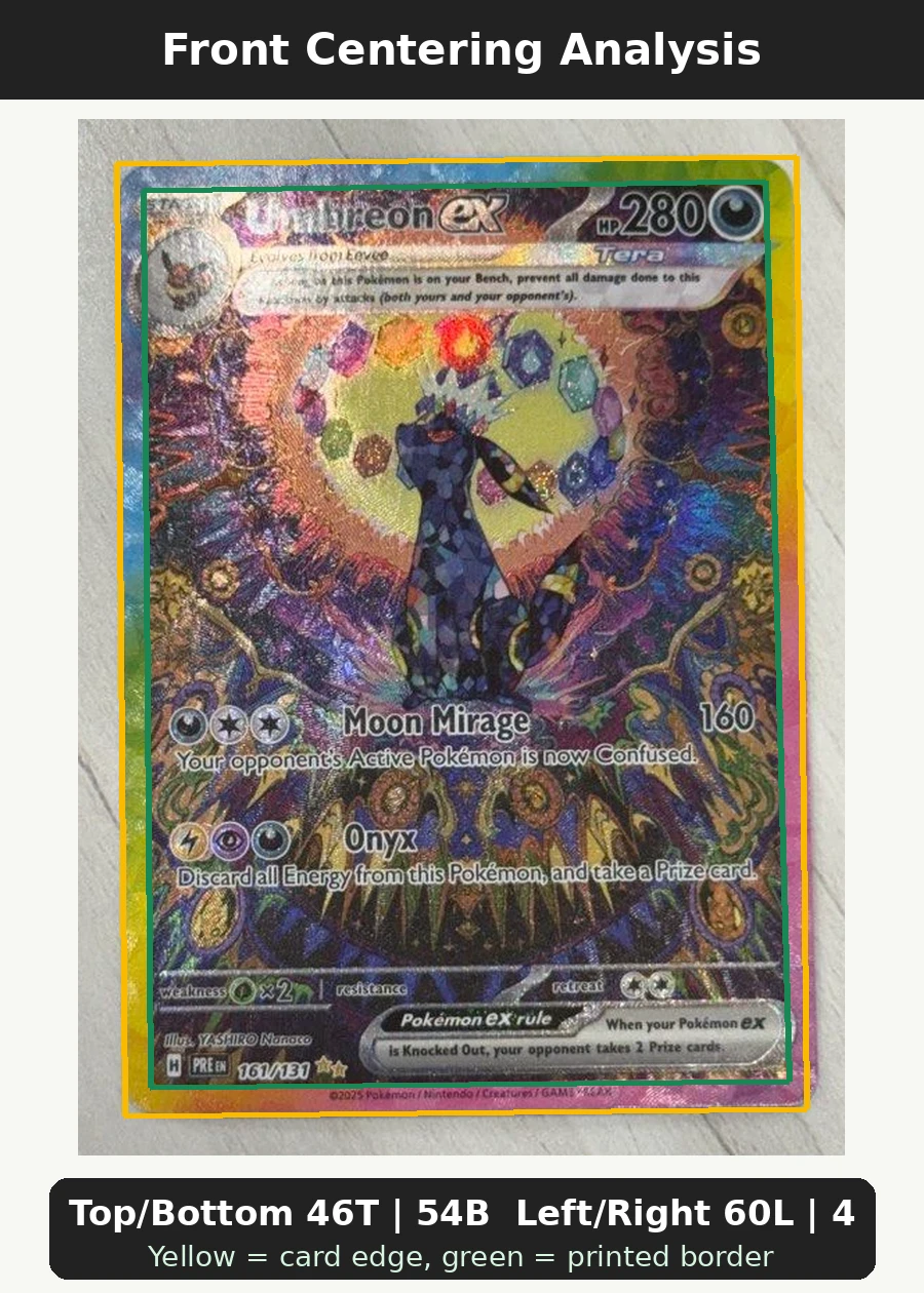 Umbreon ex 161/131 Prismatic Evolutions front centering analysis showing Top/Bottom 46T | 54B and Left/Right 60L | 40R.