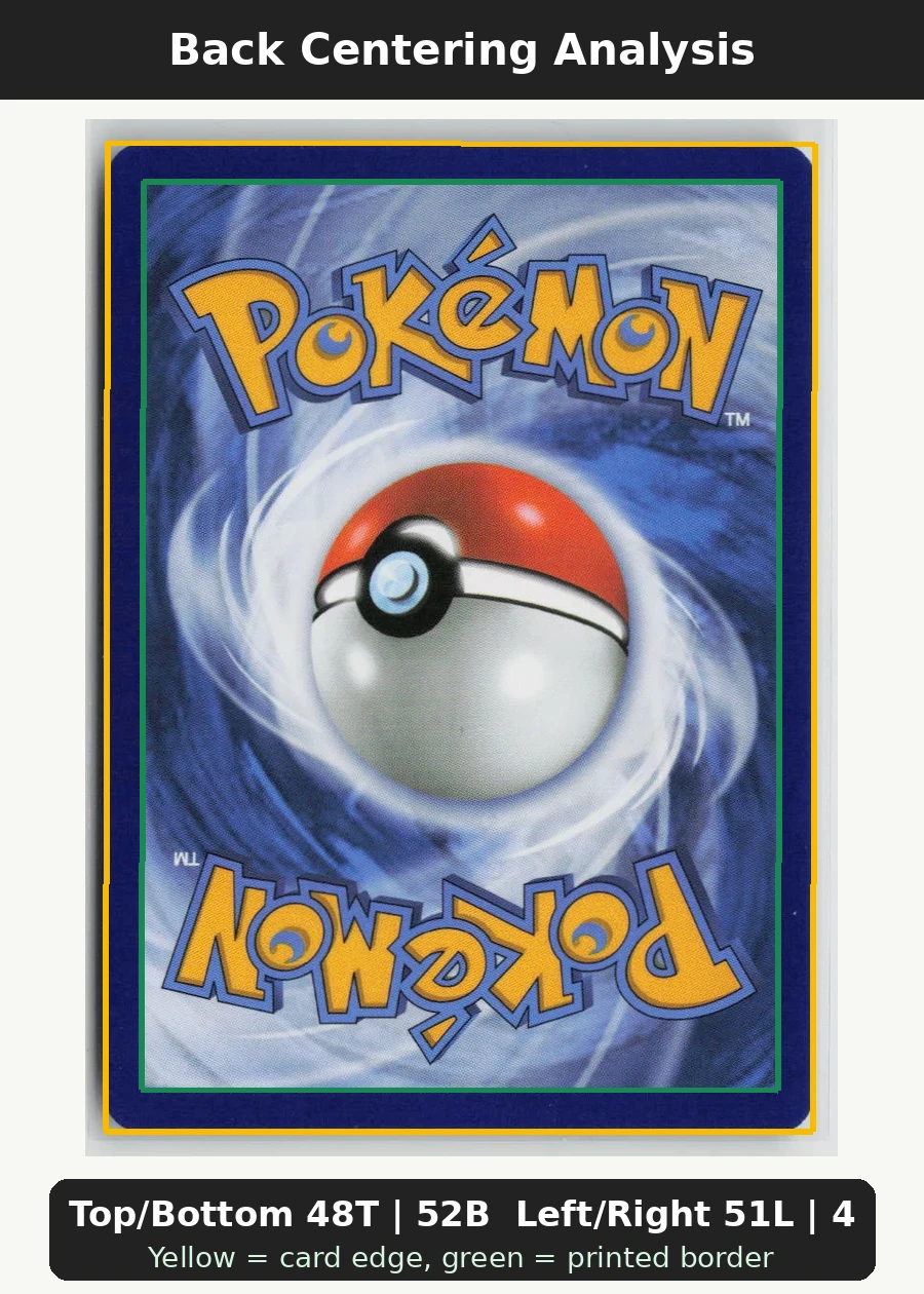 Misty's Psyduck 045/182 · Normal Destined Rivals back centering analysis showing Top/Bottom 48T | 52B and Left/Right 51L | 49R.