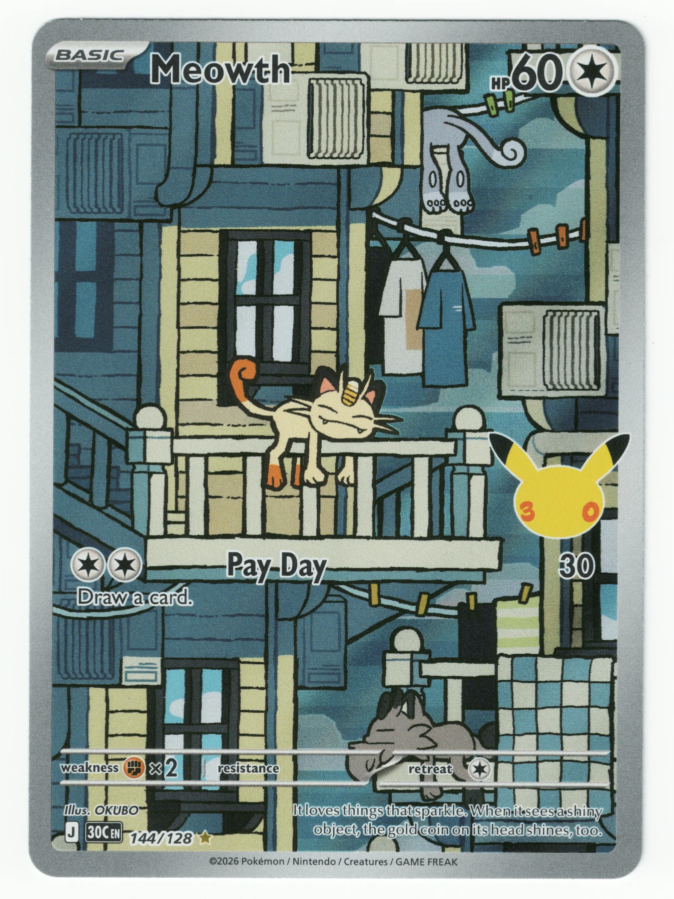 Meowth 144/128 30th Celebration front card photo in GradeValue pregrading report
