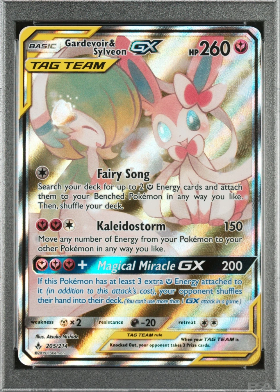 Gardevoir & Sylveon GX 205/214 Unbroken Bonds front card photo in GradeValue pregrading report