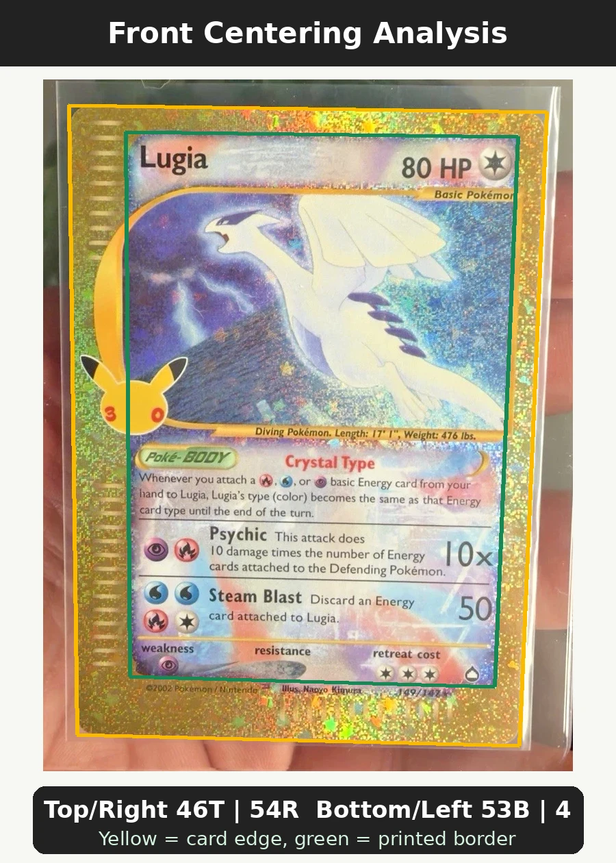 Lugia 149 30th Classic Collection front centering analysis showing Top/Right 46T | 54R and Bottom/Left 53B | 47L.