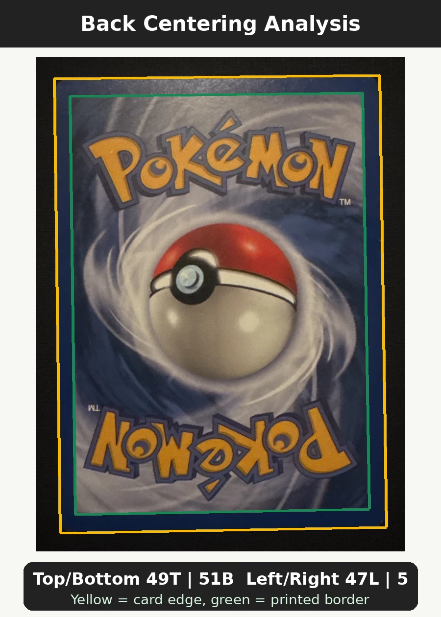 Shining Charizard 107/105 Neo Destiny back centering analysis showing Top/Bottom 49T | 51B and Left/Right 47L | 53R.