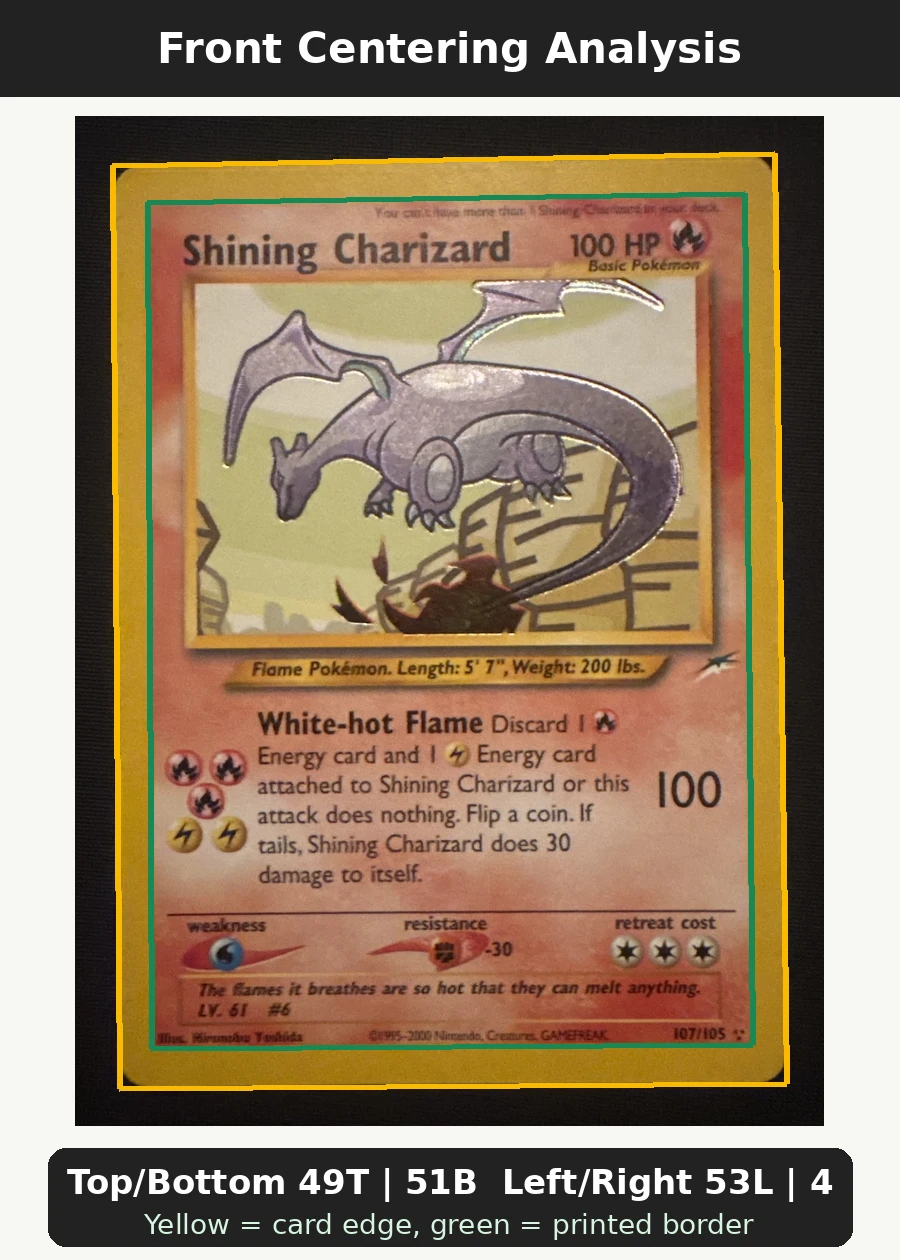 Shining Charizard 107/105 Neo Destiny front centering analysis showing Top/Bottom 49T | 51B and Left/Right 53L | 47R.
