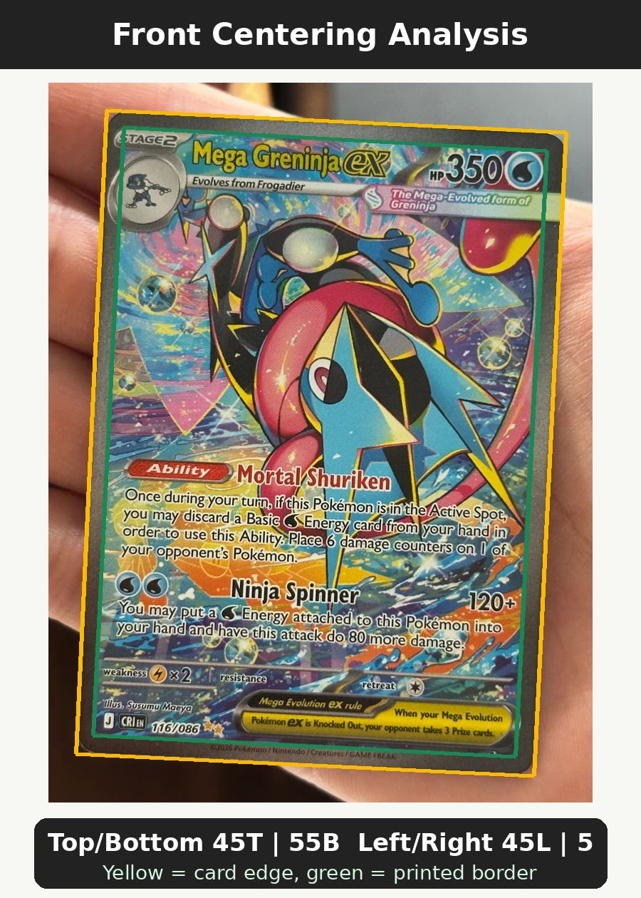 Mega Greninja ex 116/86 Chaos Rising front centering analysis showing Top/Bottom 45T | 55B and Left/Right 45L | 55R.