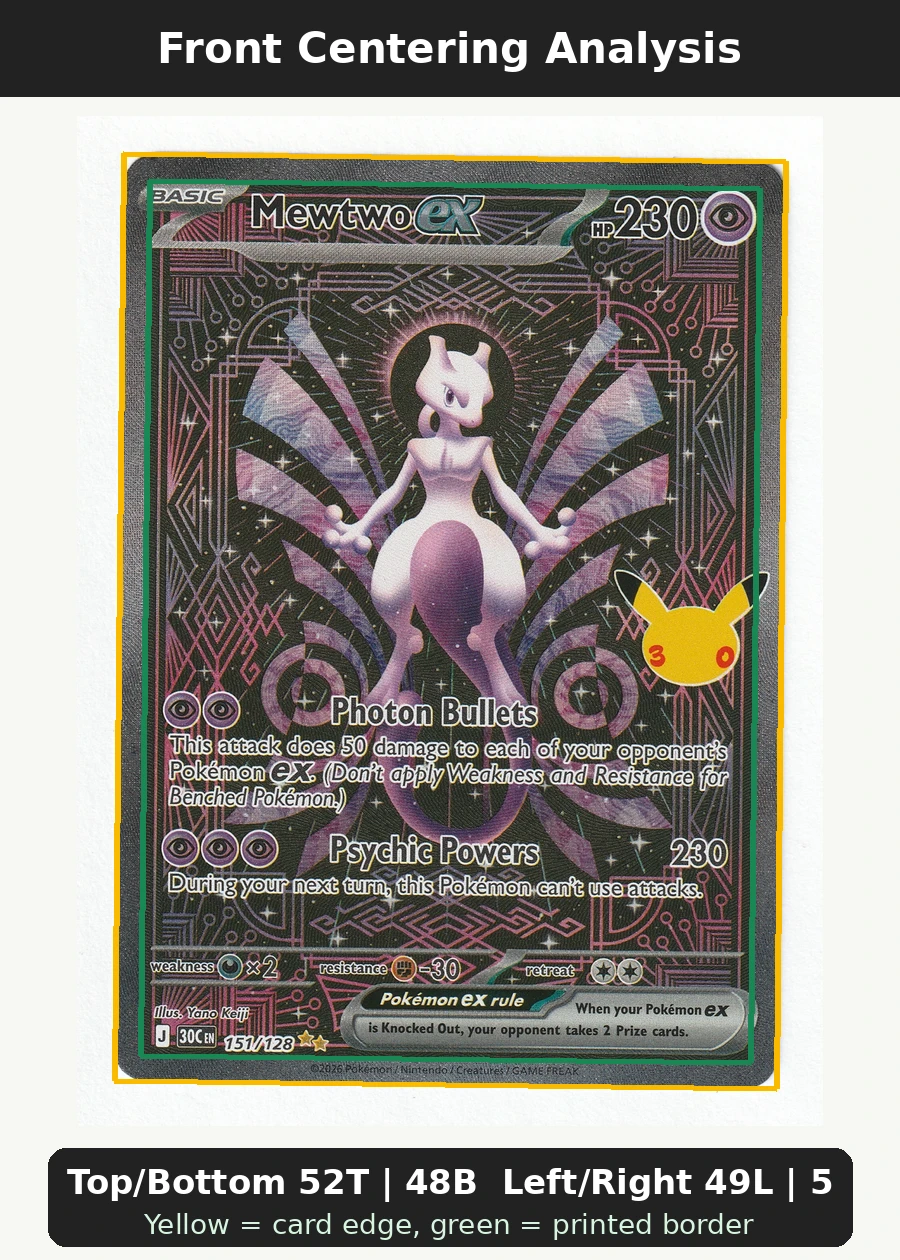 Mewtwo ex 151/128 30th Celebration front centering analysis showing Top/Bottom 52T | 48B and Left/Right 49L | 51R.