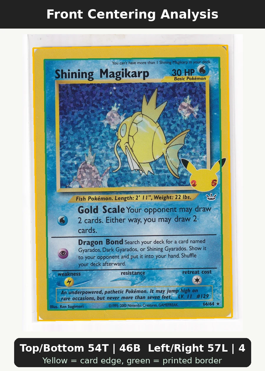 Shining Magikarp 066/25 Celebrations front centering analysis showing Top/Bottom 54T | 46B and Left/Right 57L | 43R.