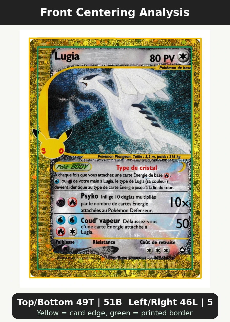 Lugia 149 30th Classic Collection front centering analysis showing Top/Bottom 49T | 51B and Left/Right 46L | 54R.