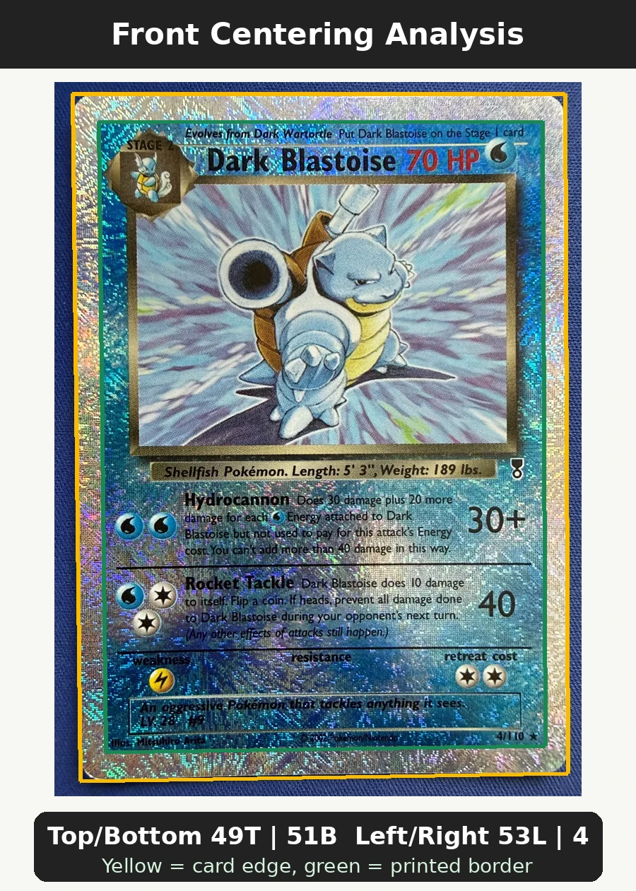 Dark Blastoise 004/110 Legendary Collection front centering analysis showing Top/Bottom 49T | 51B and Left/Right 53L | 47R.