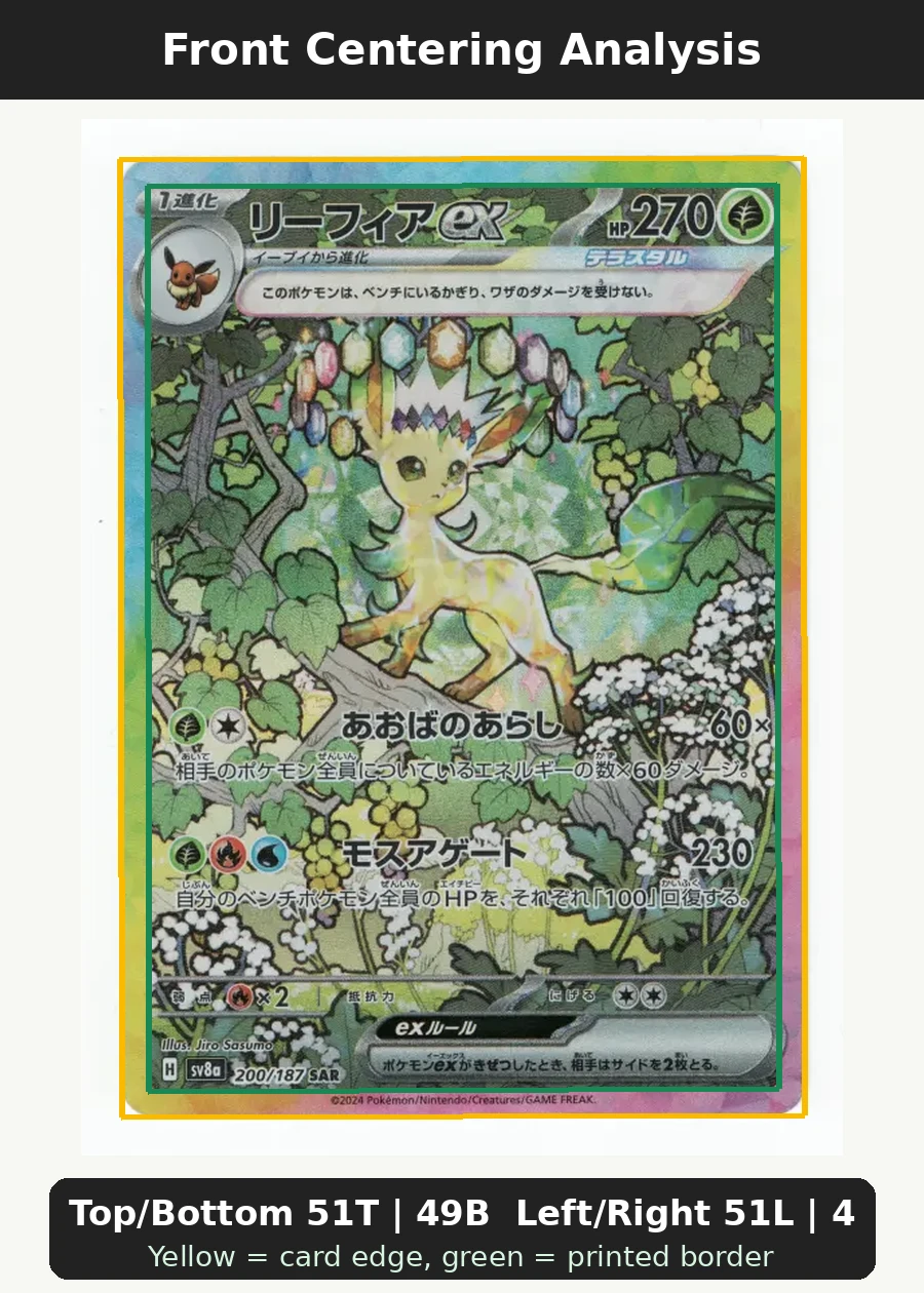 Leafeon ex 144/131 Prismatic Evolutions front centering analysis showing Top/Bottom 51T | 49B and Left/Right 51L | 49R.