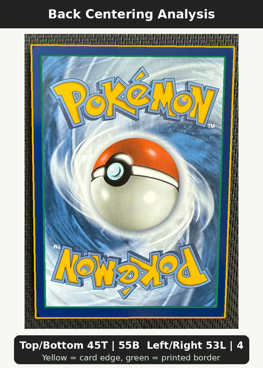 N's Zoroark ex 286/217 Ascended Heroes back centering analysis showing Top/Bottom 45T | 55B and Left/Right 53L | 47R.